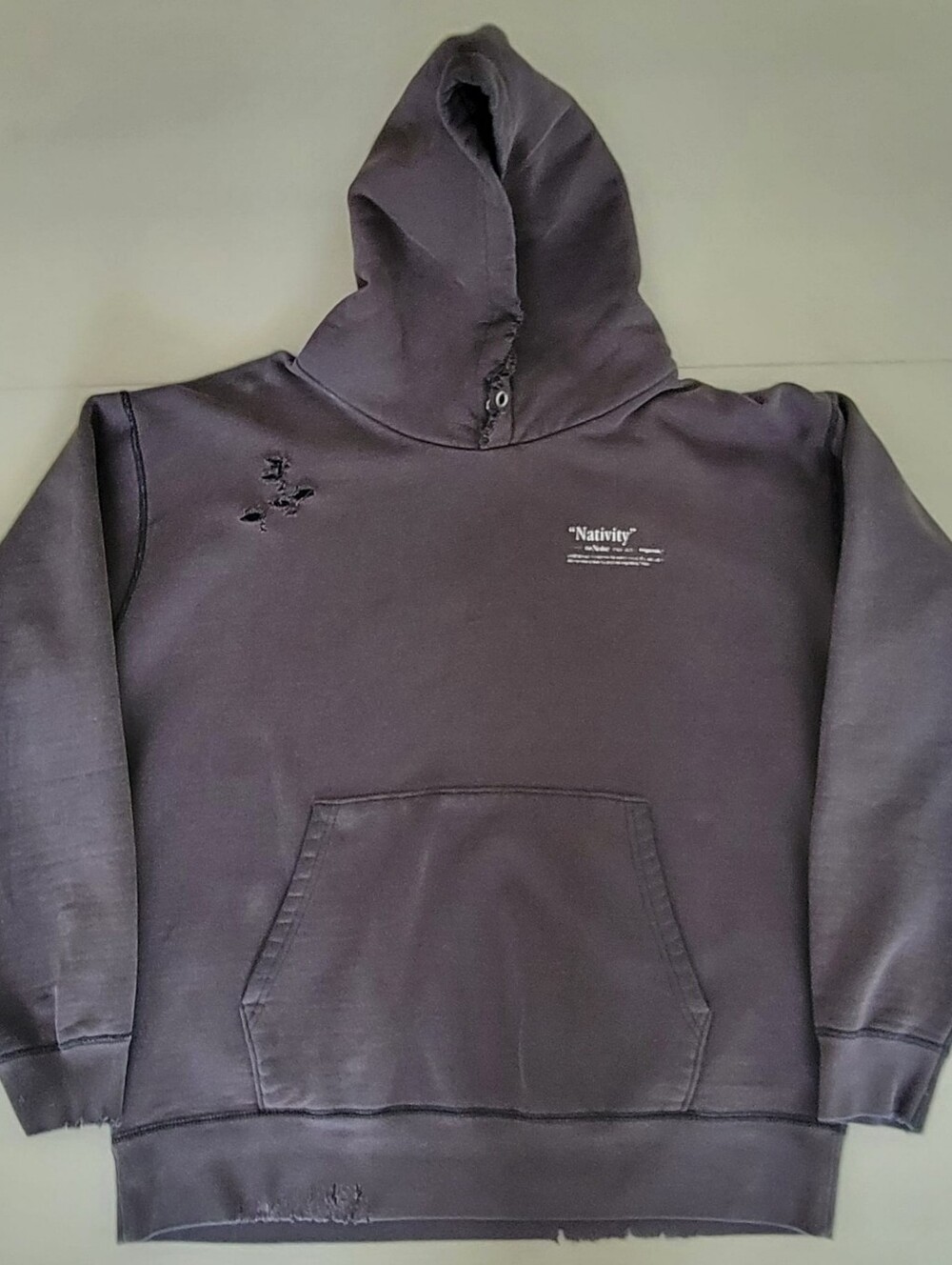 LEGENDA's "The Nativity" Destroyed Hoodie Sz XL $170 Faded Black Dark Vintage
